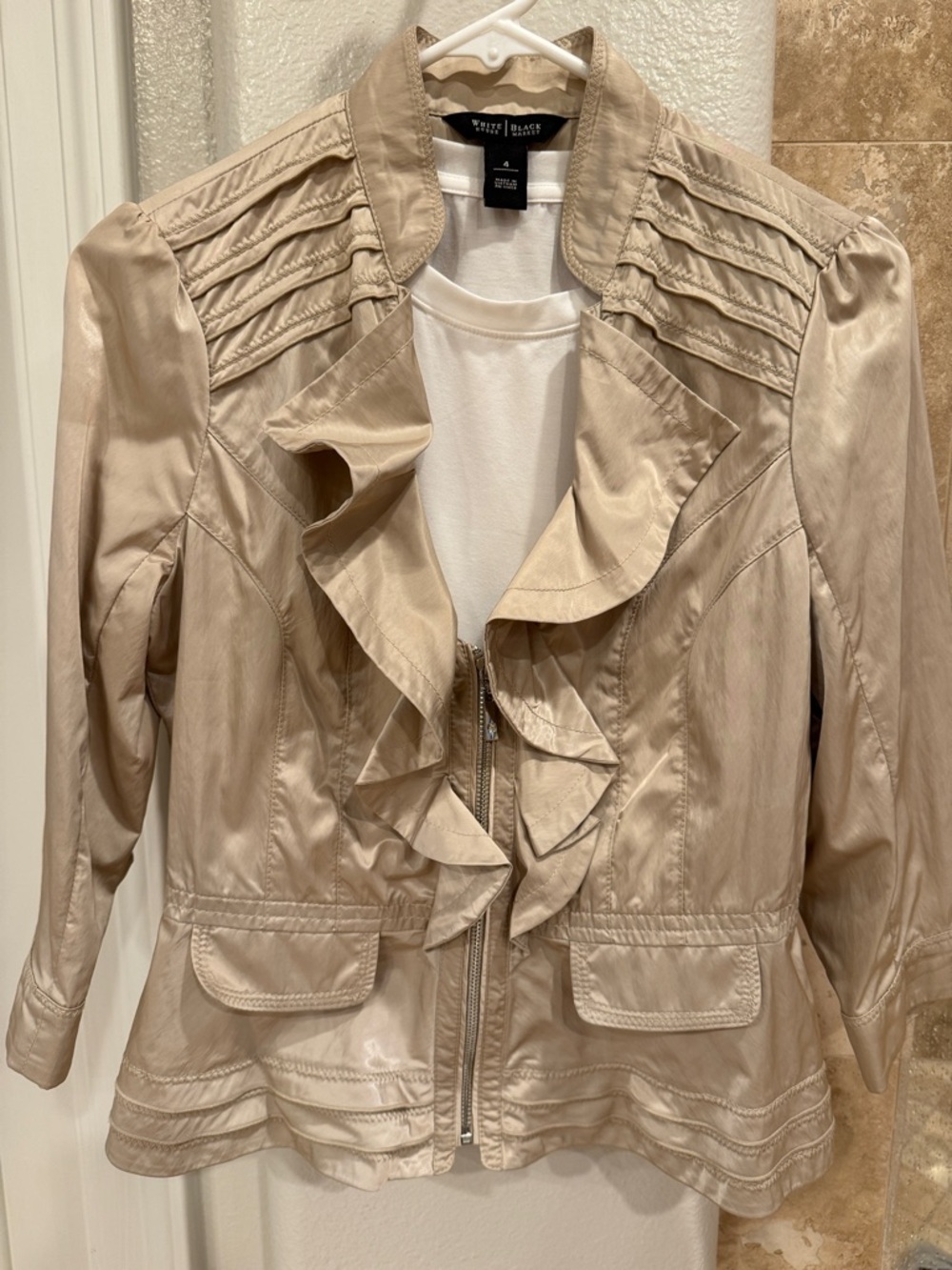 White House Black Market Ruffle Front Jacket in Light Beige